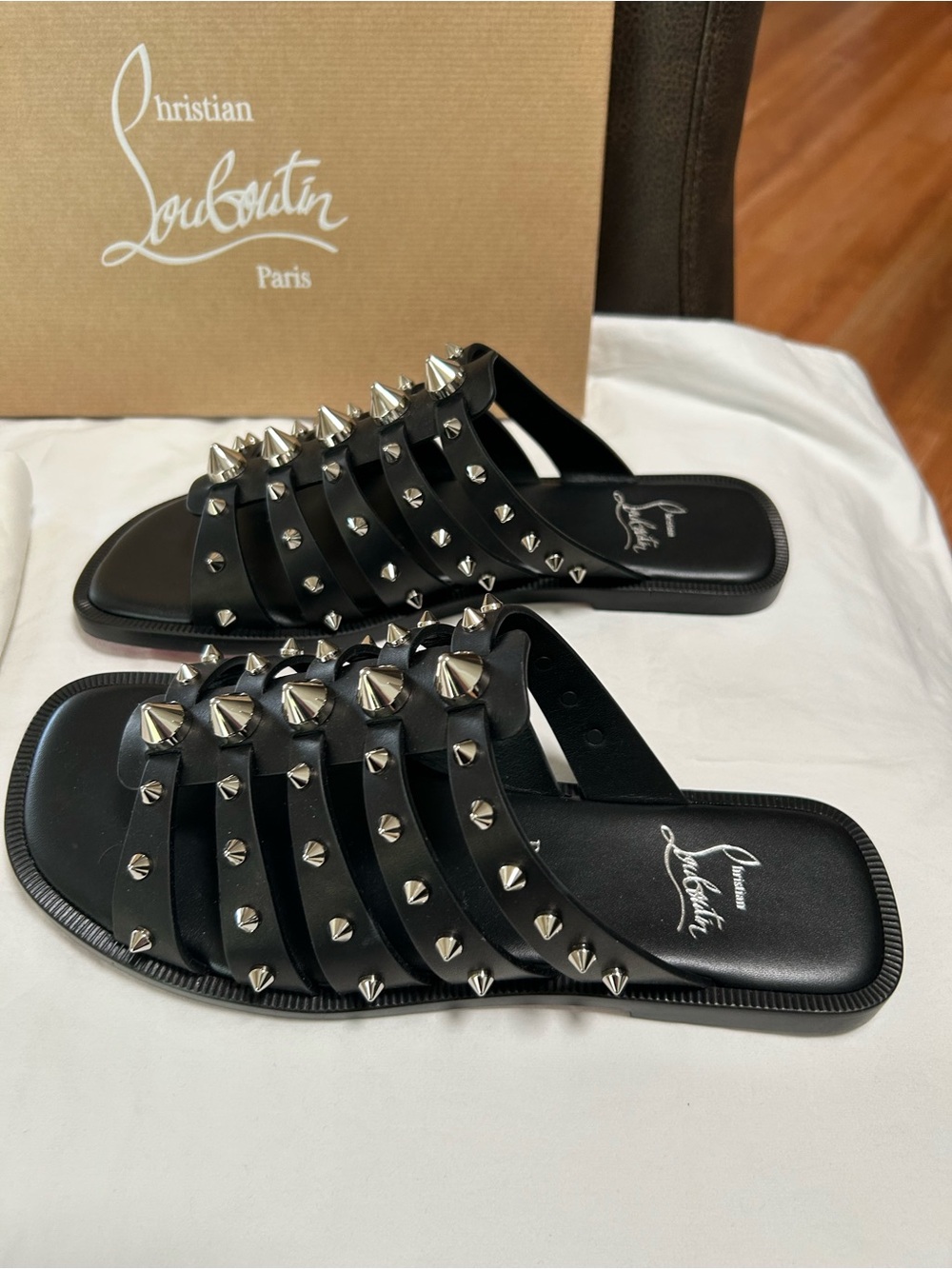 Christian Louboutin Charja Black Studded Multi-Strap Slide Sandals NIB - Picture 2 of 7